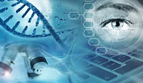dna, microscope, nerve cell and eye in blue background, 3d illustration
