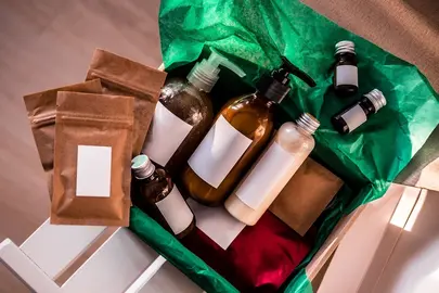 Beauty box with bottles of natural cosmetics, wrapped in green paper. Blogger hair and body care routine, salon treatments. Minimalism (Beauty box with bottles of natural cosmetics, wrapped in green paper. Blogger hair and body care routine, salon tre