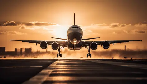 Passenger airplane taking off at dusk sky generated by artificial intelligence
