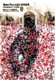 El cartel n&ordm; 1, &lsquo;Gaiteros&rsquo;, con una imagen de su salida a la Plaza Consistorial tras el Chupinazo, anunciar&aacute; las fiestas de San Ferm&iacute;n 2024. AP