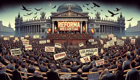 Ilustraci&oacute;n que representa la necesidad de cambiar la pol&iacute;tica. representaci&oacute;n simb&oacute;lica del Parlamento espa&ntilde;ol con grietas y una gran pancarta que dice "Reforma Necesaria", "Los problemas reales importan" y "Reforma ya". Archivo