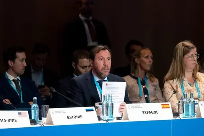 El ministro de Transportes y Movilidad Sostenible, &Oacute;scar Puente, durante su participaci&oacute;n en el Consejo de Ministros de Foro Internacional de Transporte. POOL MONCLOA