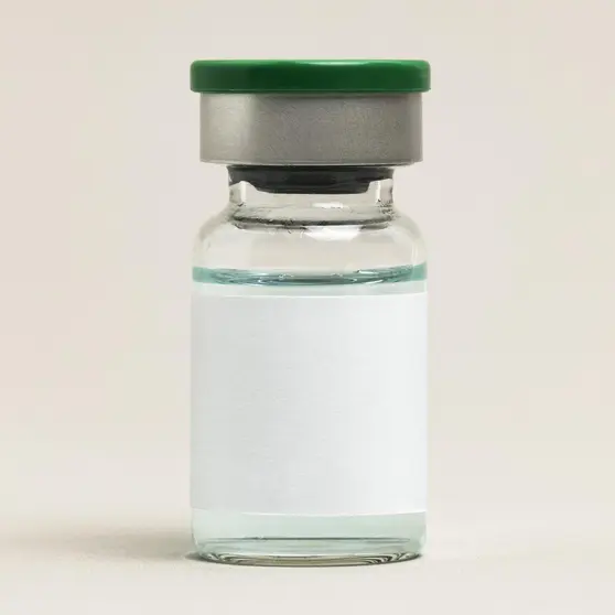 Blank vaccine label on injection glass bottle with green liquid