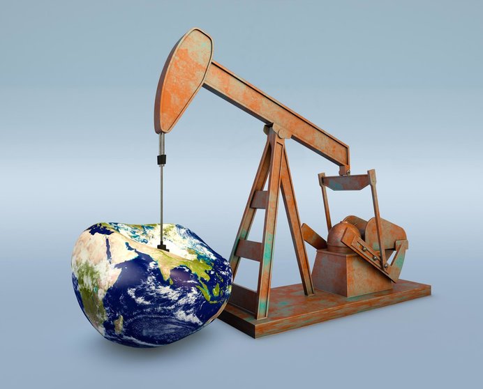 one pumpjack with a deflated earth globe, concept of shortage of oil resources (3d render) - Elements of this image furnished by NASA