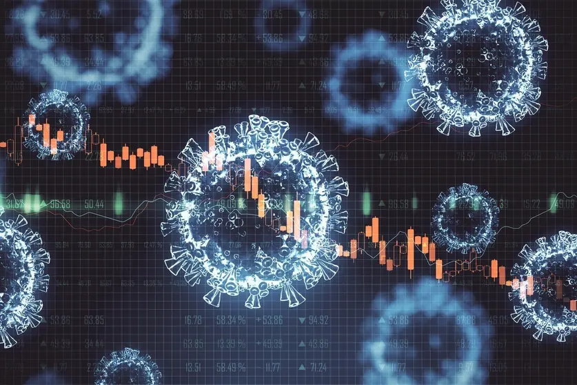 Business chart with candlestick graph and virus bacteria coronavirus 2019-nCov. Trade and Coronavirus helath crisis concept. 3D Rendering (Business chart with candlestick graph and virus bacteria coronavirus 2019-nCov. Trade and Coronavirus helath cri